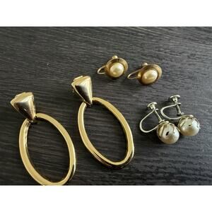 Vintage Earrings Lot Clip On Gold Tone Oval Statement Faux Pearl Screwback